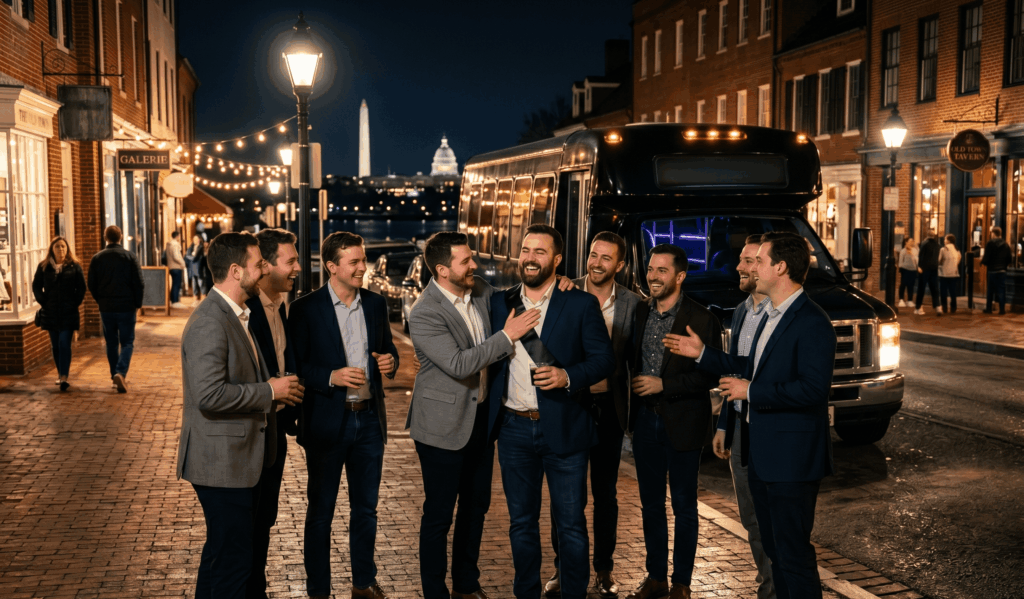 bachelor party group boarding a luxury party bus in old town alexandria for a night out in dc