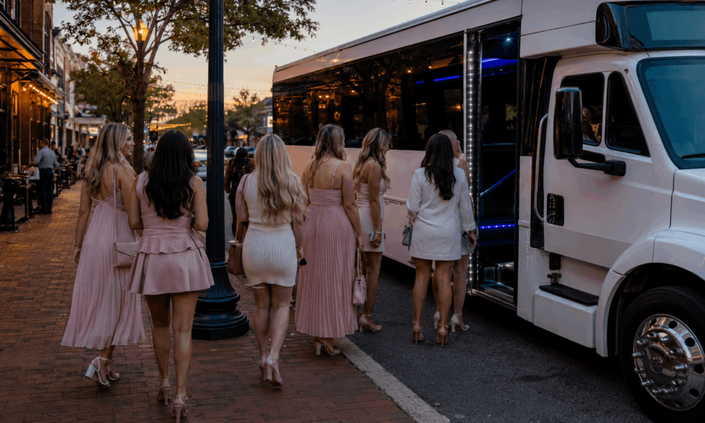 luxury bachelorette party bus pickup in old town alexandria with bridal party boarding before a night out