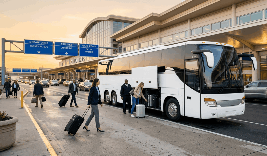 luxury charter bus dropping passengers at reagan national airport dca near alexandria virginia
