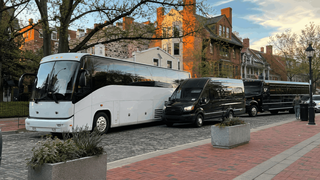 charter bus, minibus, and party bus parked in old town alexandria virginia