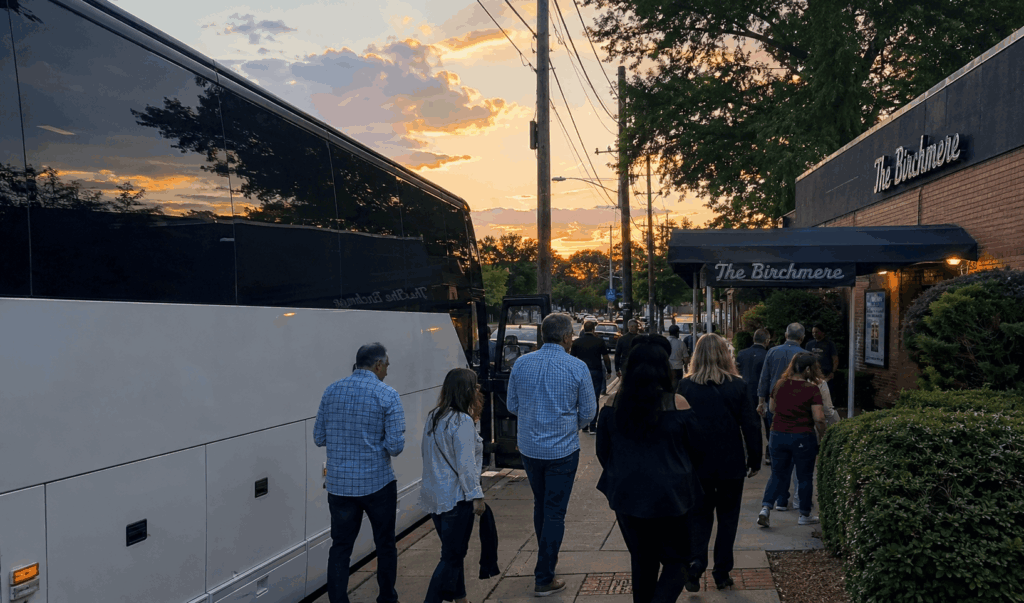concert group returning to charter bus after dinner stop in old town alexandria following birchmere or wolf trap show