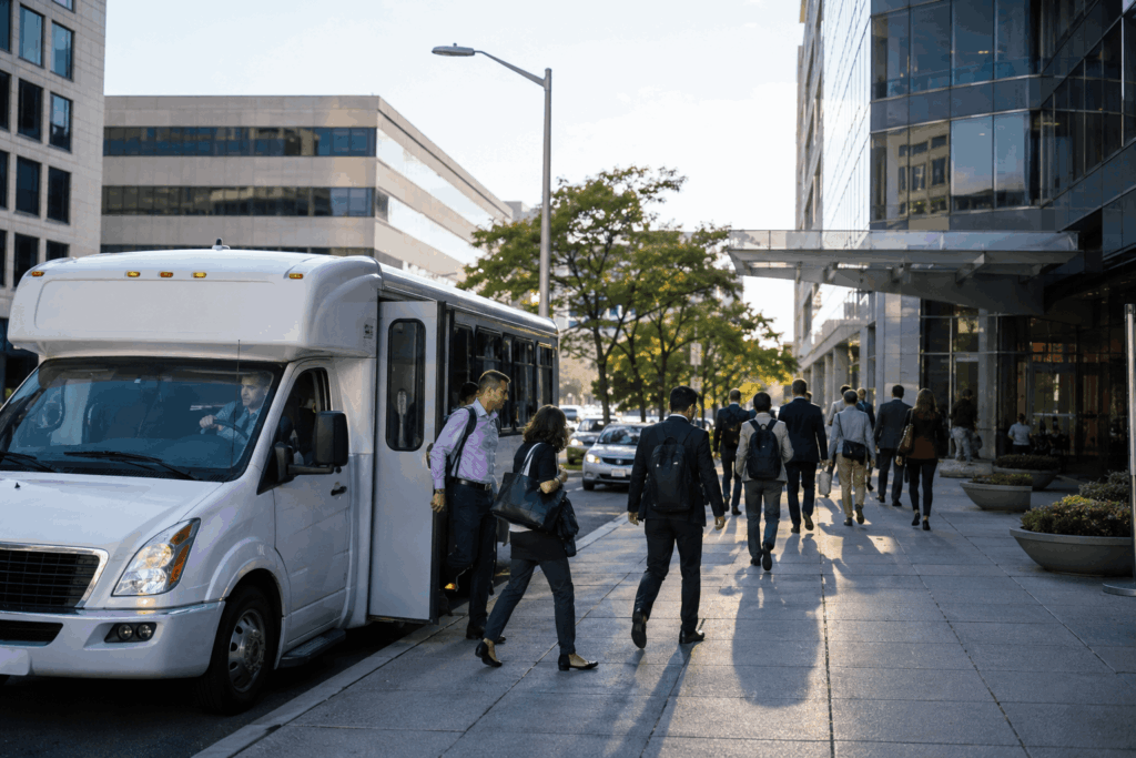 employee shuttle bus arriving at a modern office building in alexandria virginia during morning commuter hours