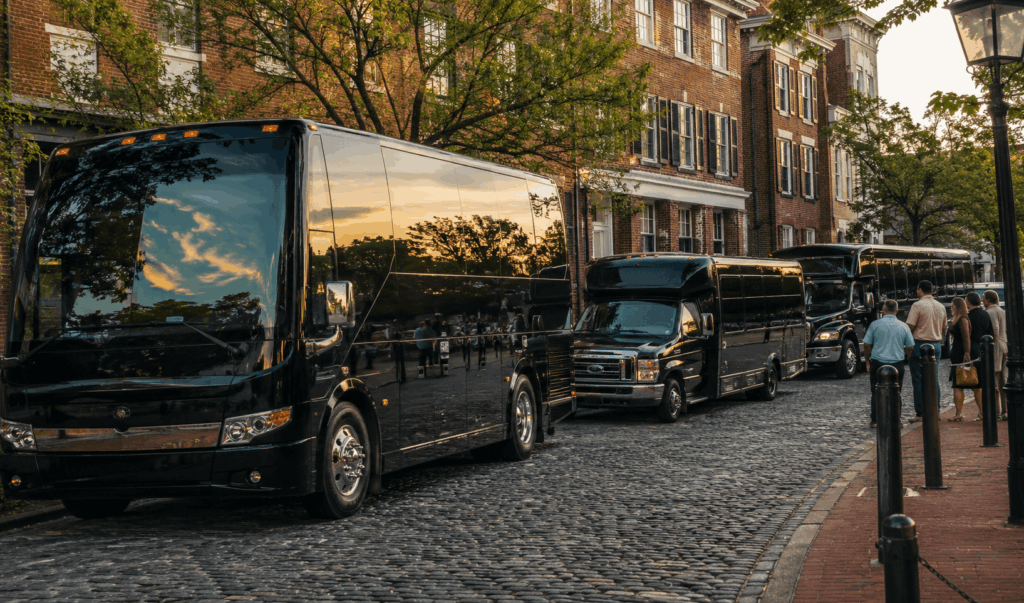 group travelers comparing charter bus rental, party bus, and minibus transportation options in alexandria virginia