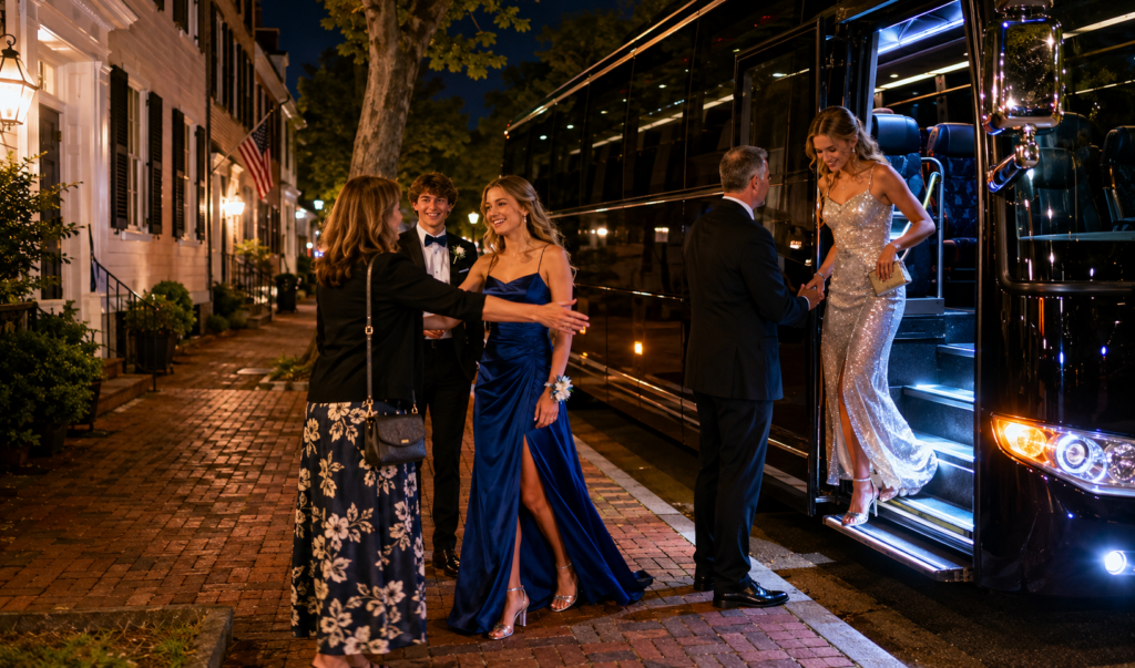 prom couples taking photos at jones point park in alexandria virginia with a luxury party bus nearby