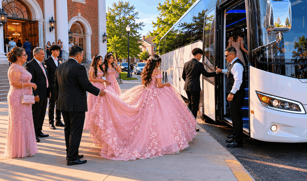 family boarding a charter bus after a quinceañera church ceremony in alexandria virginia