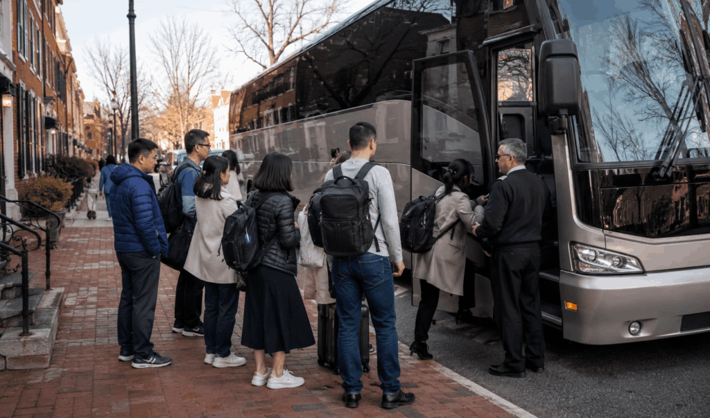 small group boarding a luxury charter bus in old town alexandria virginia for a day trip