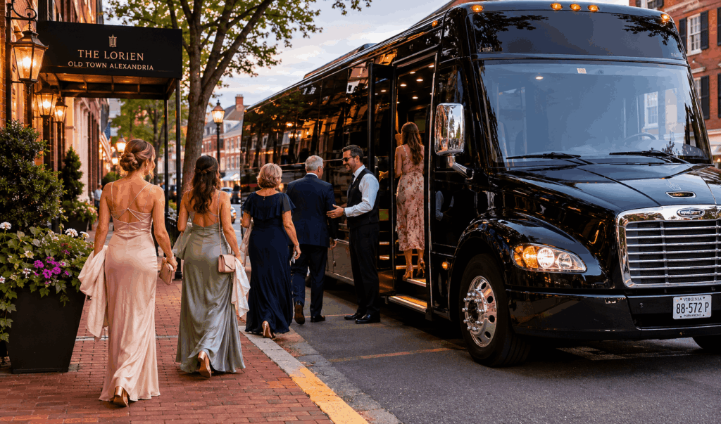 wedding guests boarding a luxury charter shuttle bus outside a hotel before traveling to a loudoun winery wedding venue