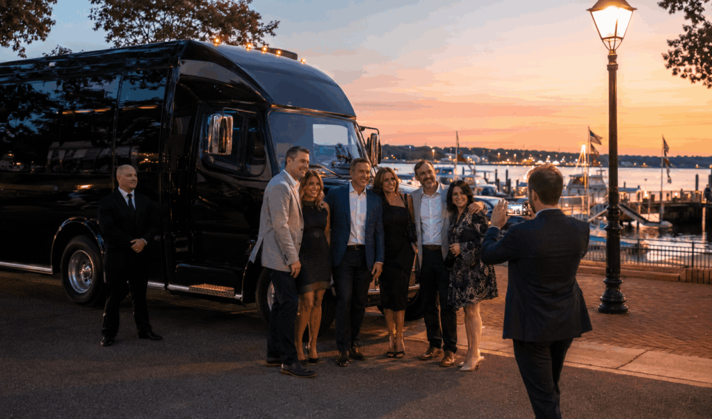 adults gathering near a birthday party bus at the alexandria waterfront before an evening celebration