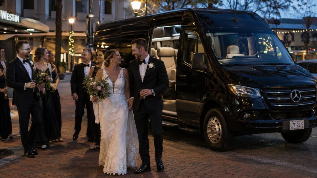 Wedding guests boarding a shuttle bus in Old Town Alexandria Virginia