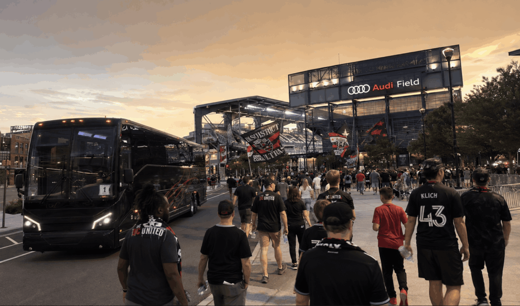 dc united supporters arriving by charter bus outside audi field in washington dc before a soccer match