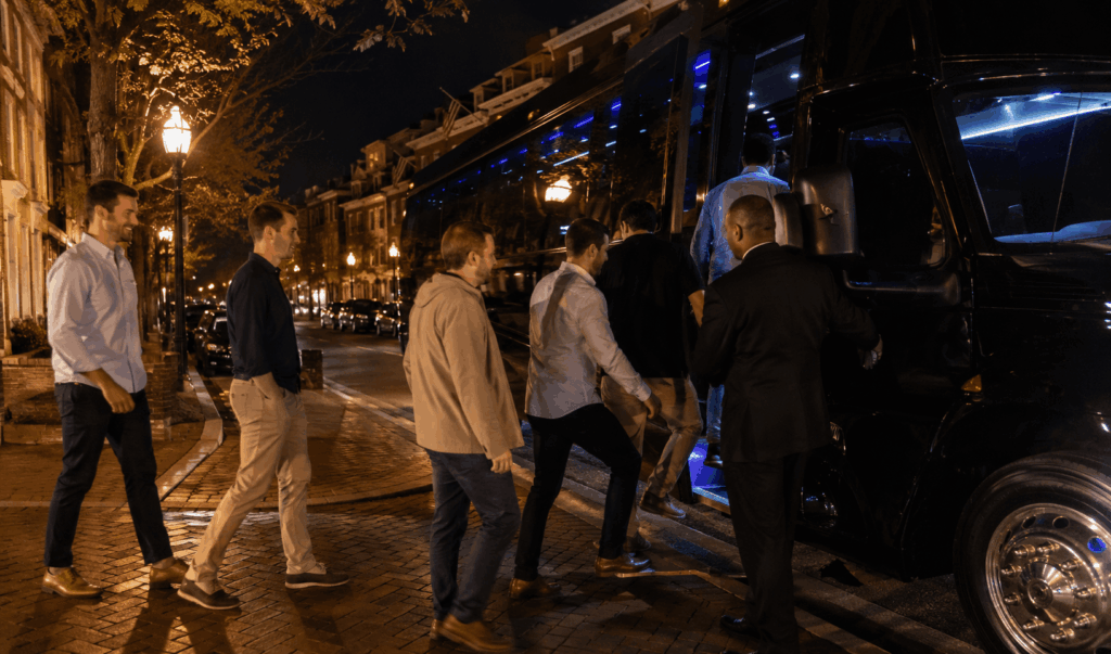 bachelor party group boarding a luxury party bus in old town alexandria for a night out in washington dc