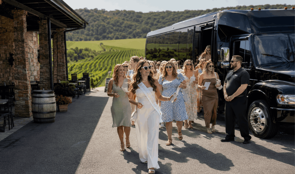 luxury bachelorette party bus pickup in old town alexandria with bridal party boarding before a night out