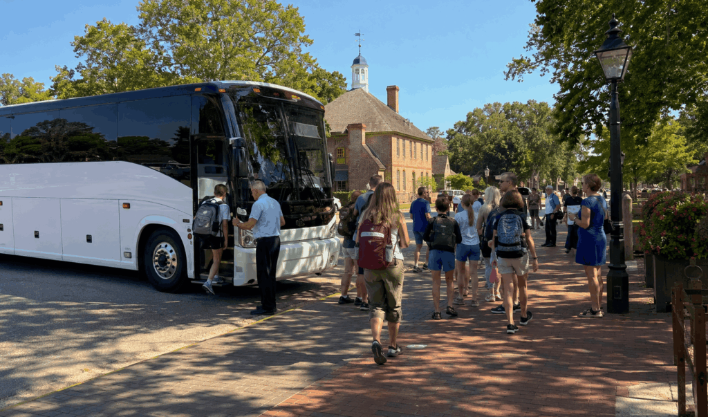 charter bus arriving at busch gardens williamsburg with group travelers from alexandria virginia