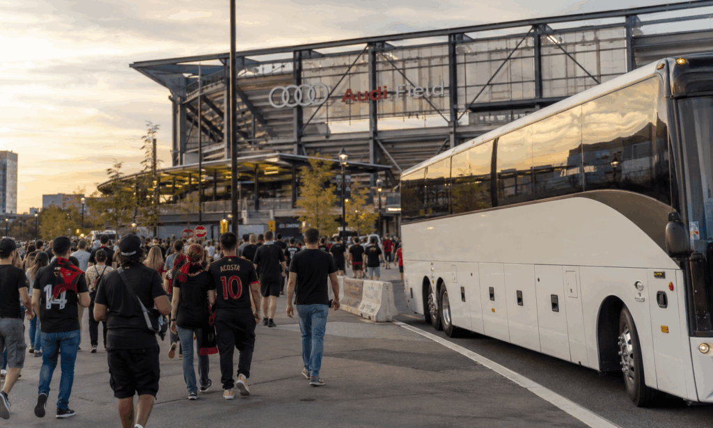 charter bus dropping off dc united supporters outside audi field in washington dc before a soccer match