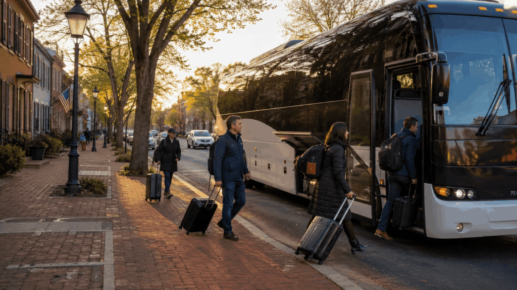 group boarding a charter bus in alexandria for transfer to dulles international airport at sunrise