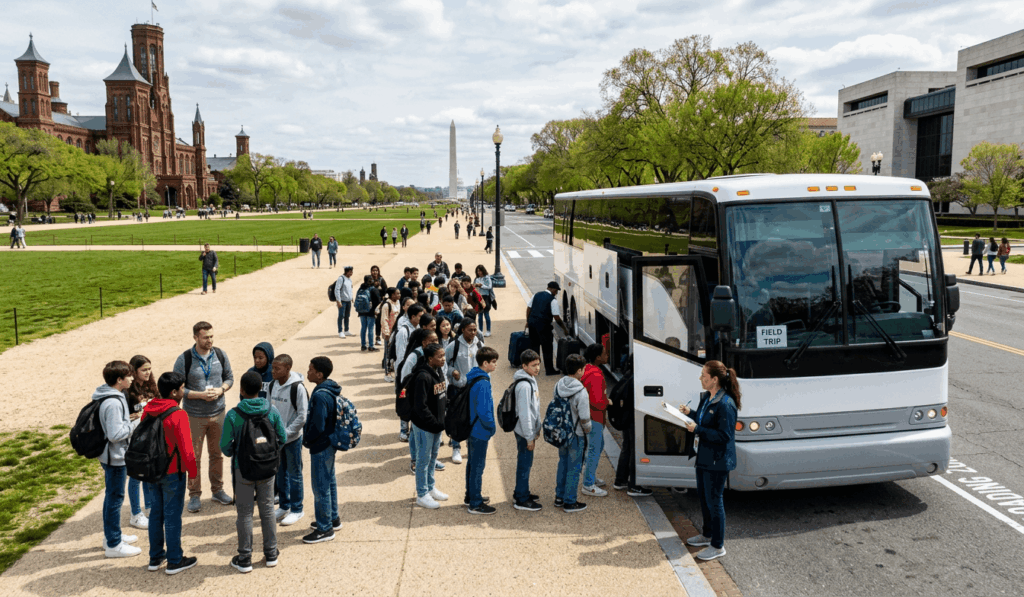 luxury charter bus traveling near smithsonian museums on the national mall in washington dc