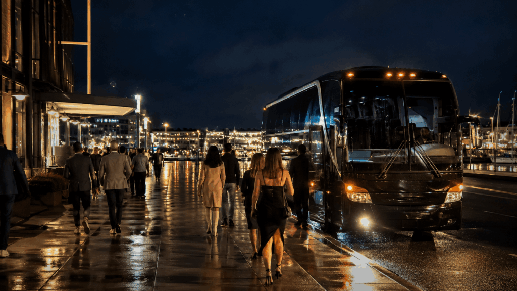 luxury charter bus dropping concert guests at the anthem at the wharf in washington dc at night