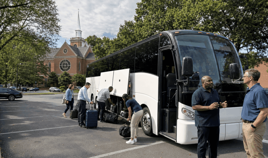 church group boarding a charter bus in alexandria va before a weekend retreat to the shenandoah valley