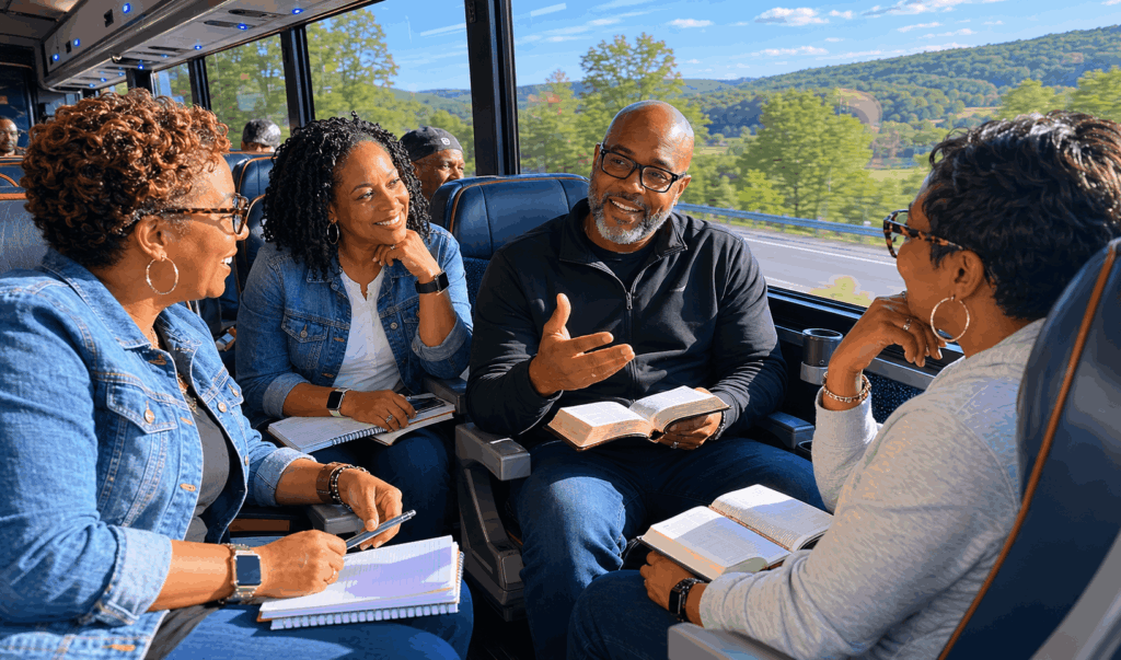 church members riding together on a charter bus from alexandria virginia for a weekend retreat