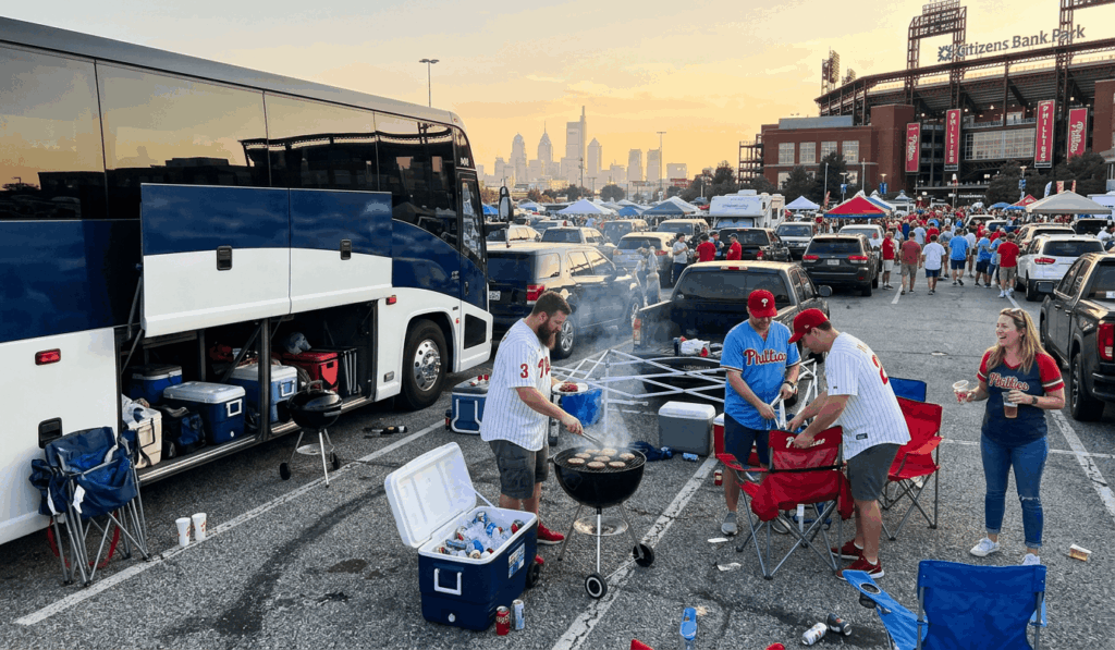 charter bus parked at a south philadelphia tailgating lot outside citizens bank park before a phillies game