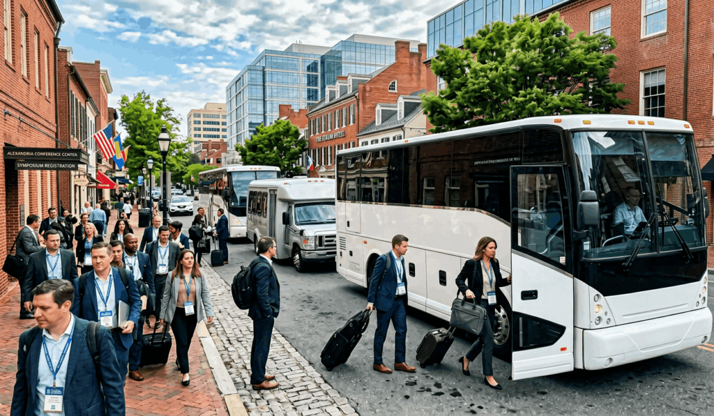 conference shuttle buses transporting attendees to a corporate event in alexandria virginia.