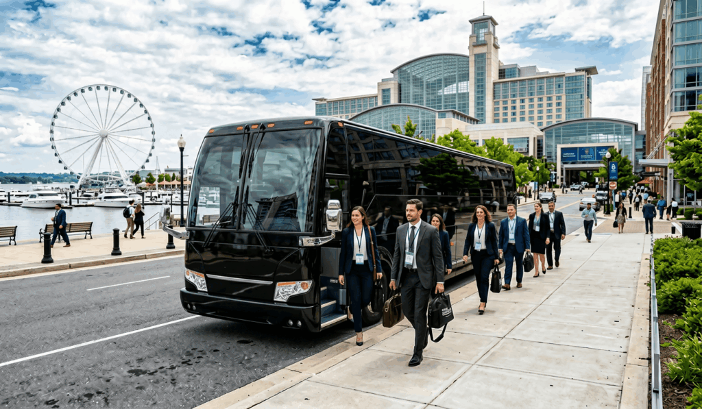 corporate charter bus arriving at national harbor near gaylord national resort with business professionals attending a conference.
