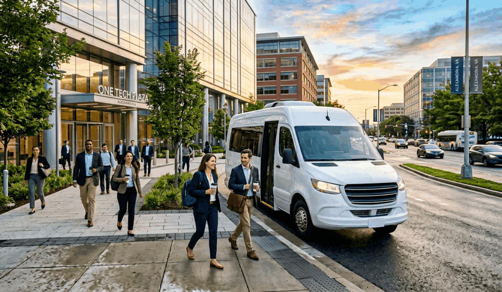 corporate employee shuttle bus service outside an alexandria virginia office campus during evening commuter pickup.