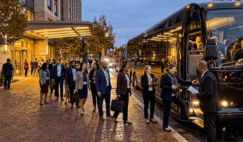 luxury charter buses transporting conference attendees outside a hotel in alexandria virginia.