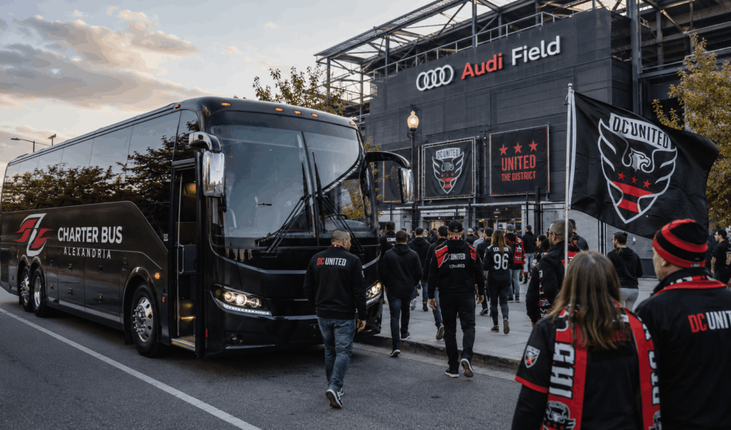 dc united supporters arriving by charter bus outside audi field before a soccer match in washington, dc.