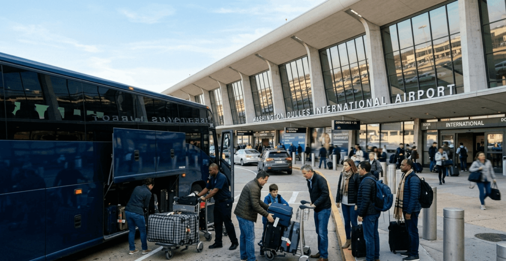 travelers unload luggage from a charter bus at washington dulles international airport departures terminal before an international flight.