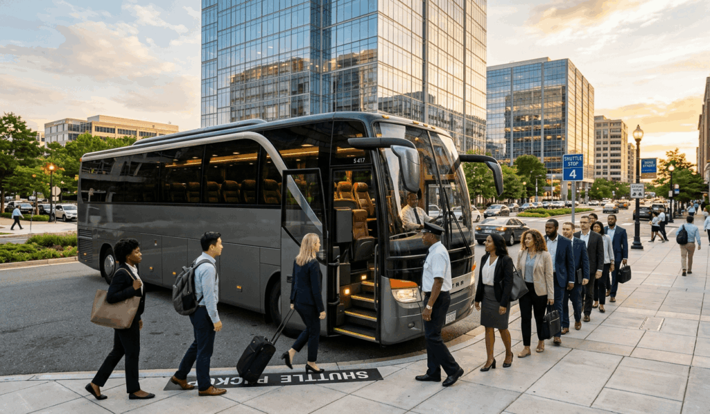 employee shuttle bus arriving at a modern office building in alexandria virginia during morning commuter hours.
