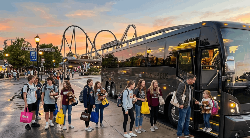 charter bus dropping off students and families at hersheypark in hershey pennsylvania