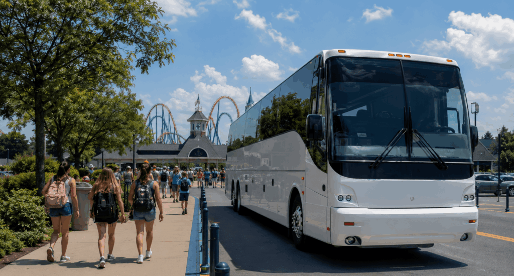 charter bus dropping off a group at hersheypark in hershey pennsylvania