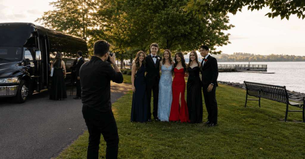 luxury charter bus dropping off prom students safely in an alexandria virginia neighborhood after prom night