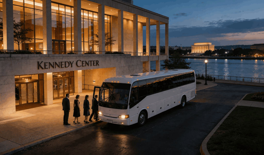 luxury minibus waiting outside the kennedy center in washington dc after an evening performance