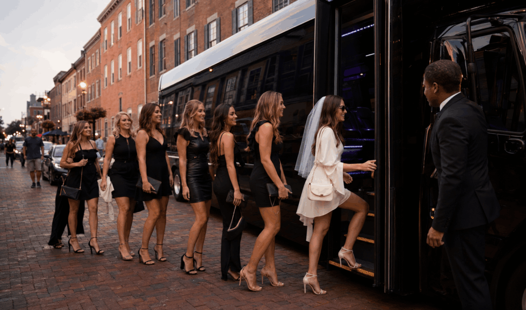 bachelorette group arriving by party bus at a loudoun county winery near alexandria for a wine tour celebration