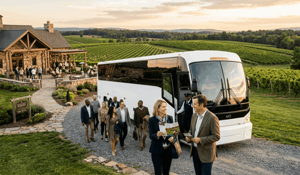 luxury charter bus arriving at a loudoun county winery for a corporate wine tour group from alexandria virginia