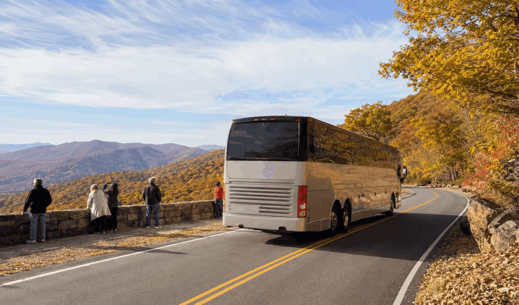 group arriving at luray caverns in virginia by charter bus for a shenandoah valley day trip
