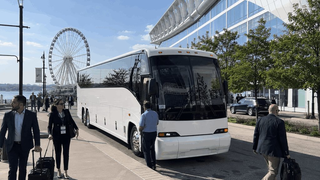 corporate charter bus arriving at national harbor near gaylord national resort