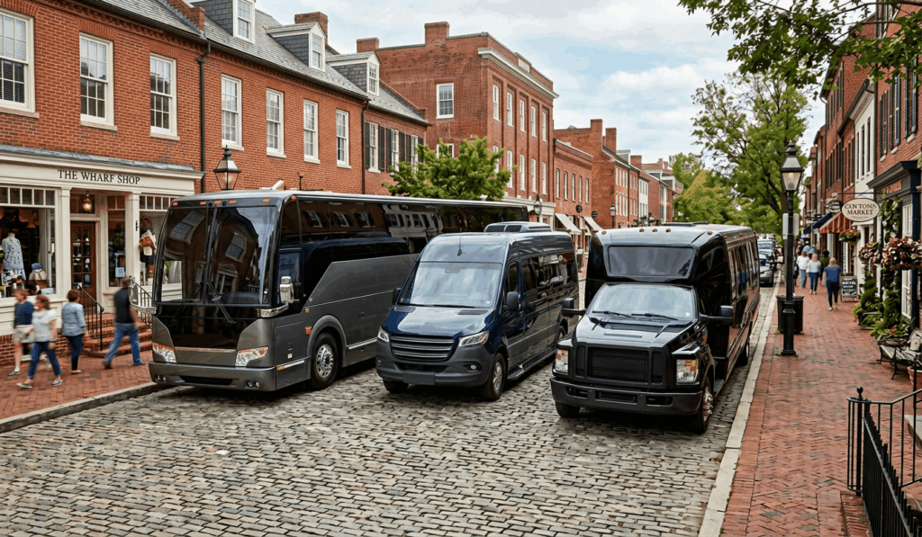party bus, charter bus, and minibus parked together in old town alexandria virginia for group transportation comparison
