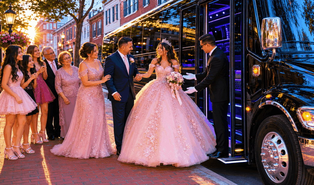 quinceañera and sweet 16 guests boarding a luxury party bus in old town alexandria virginia before a celebration