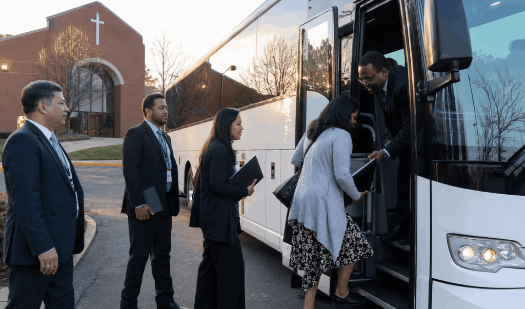 religious group from alexandria boarding a charter bus outside a church for a conference trip in the morning