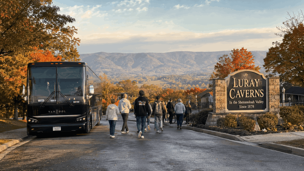 passengers enjoying a scenic charter bus ride along skyline drive in shenandoah national park during fall