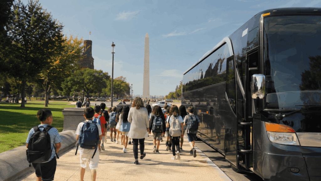 charter bus dropping students near smithsonian museums on the national mall in washington dc
