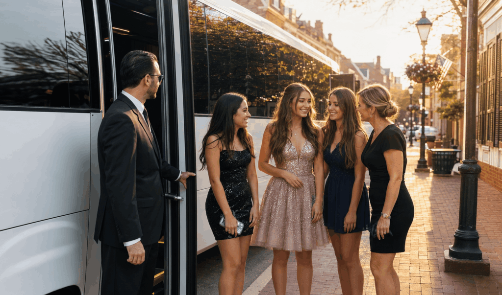 teen friends and family standing beside a luxury party bus in old town alexandria virginia before a sweet 16 celebration