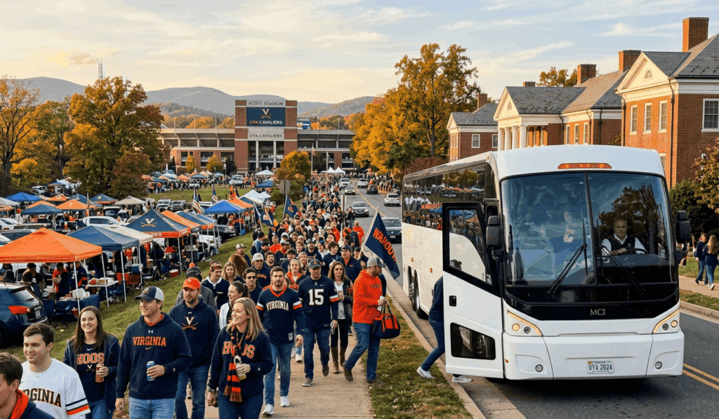 luxury charter bus arriving near scott stadium at the university of virginia for a charlottesville football game day trip from alexandria