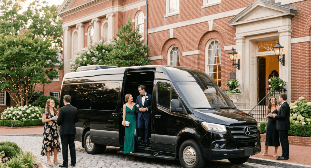wedding guests boarding a luxury shuttle bus outside a wedding venue in old town alexandria virginia